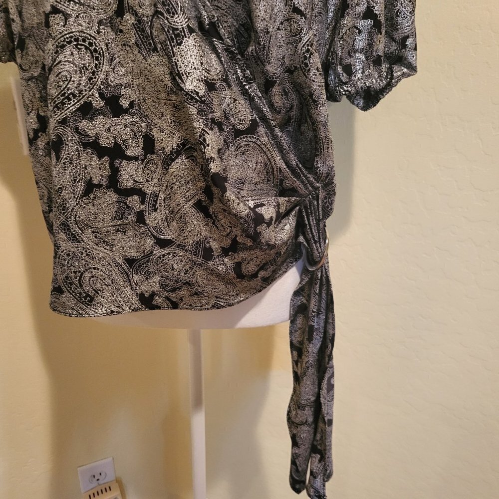 Michael Kors Women's Foil Paisley Wrap Top Black and Metallic NWT - Sz: M & L - Picture 6 of 11